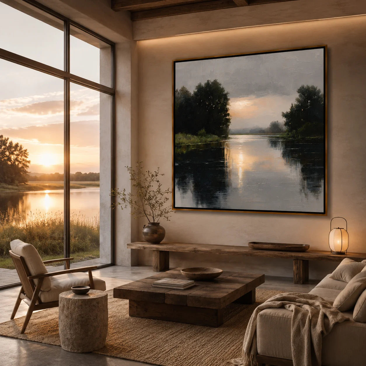Serene River Landscape Oil Painting, Hand-Painted Sunset Water Reflection Wall Art for Modern Home Decor #OA 1005