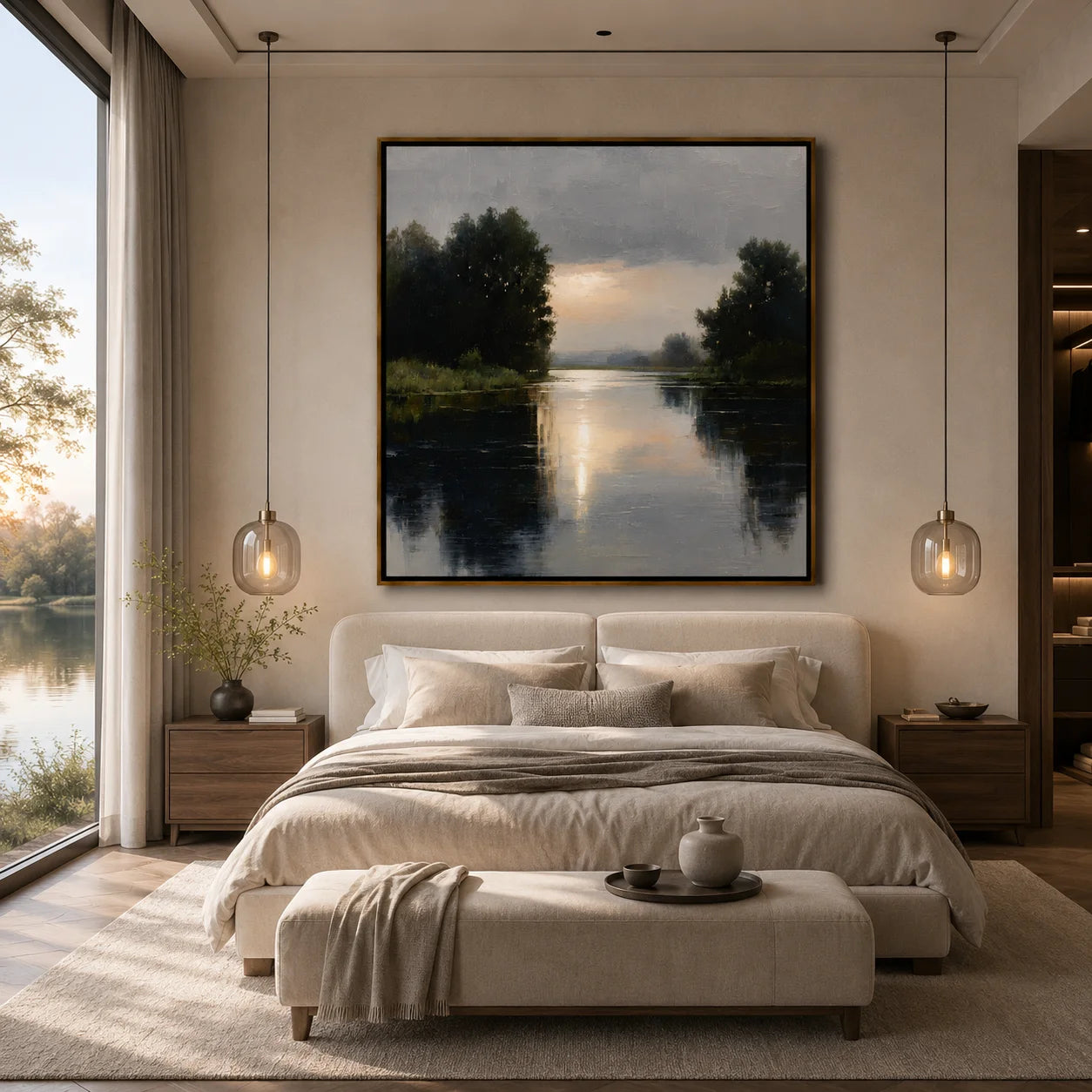 Serene River Landscape Oil Painting, Hand-Painted Sunset Water Reflection Wall Art for Modern Home Decor #OA 1005