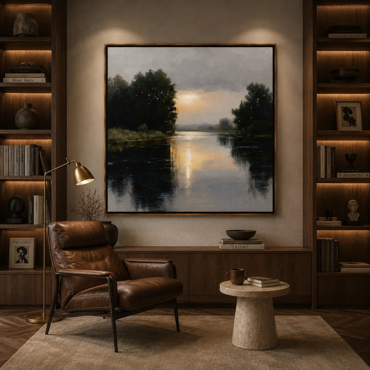 Serene River Landscape Oil Painting, Hand-Painted Sunset Water Reflection Wall Art for Modern Home Decor #OA 1005