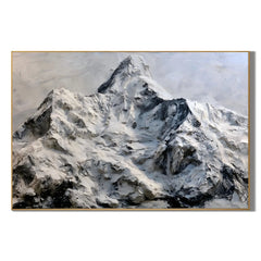 Snow Mountain Landscape Hand-Painted Oil Painting, Black White Textured Alpine Wall Art # OA 1048