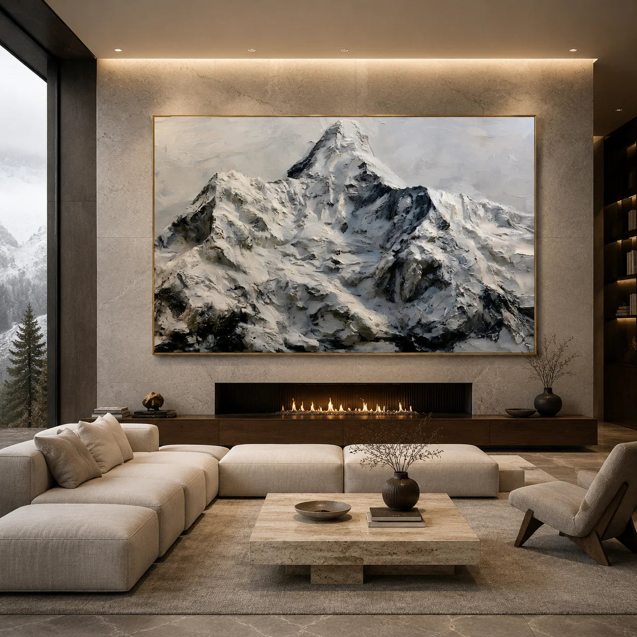 Snow Mountain Landscape Hand-Painted Oil Painting, Black White Textured Alpine Wall Art # OA 1048