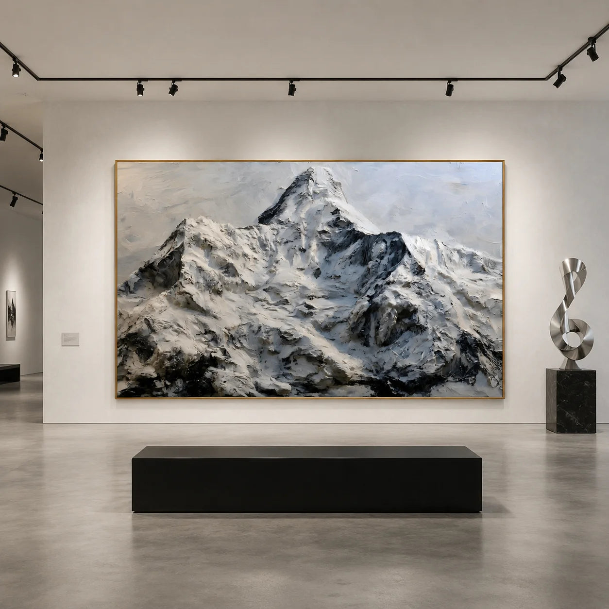 Snow Mountain Landscape Hand-Painted Oil Painting, Black White Textured Alpine Wall Art # OA 1048