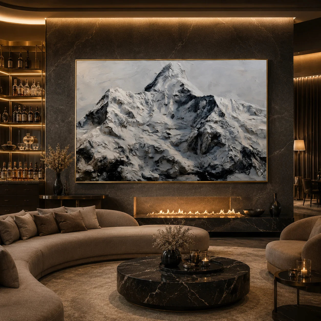 Snow Mountain Landscape Hand-Painted Oil Painting, Black White Textured Alpine Wall Art # OA 1048
