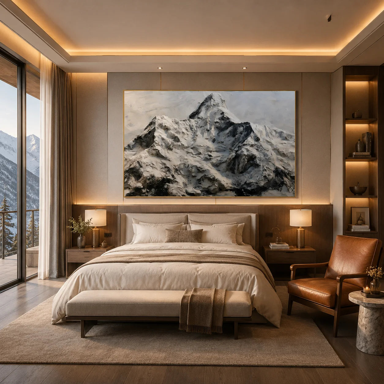 Snow Mountain Landscape Hand-Painted Oil Painting, Black White Textured Alpine Wall Art # OA 1048