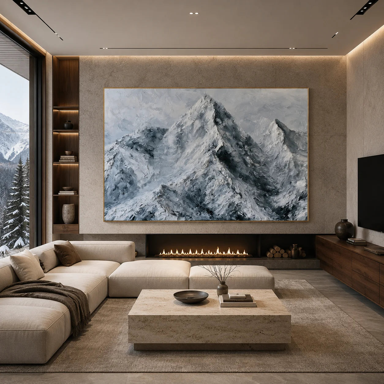 Snow Mountain Landscape Hand-Painted Oil Painting, Modern Textured Alpine Wall Art for Living Room # OA 1049