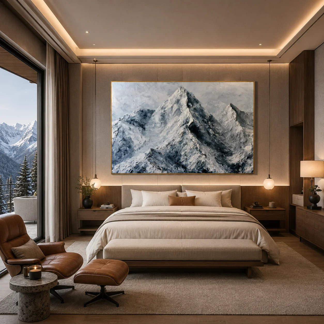 Snow Mountain Landscape Hand-Painted Oil Painting, Modern Textured Alpine Wall Art for Living Room # OA 1049
