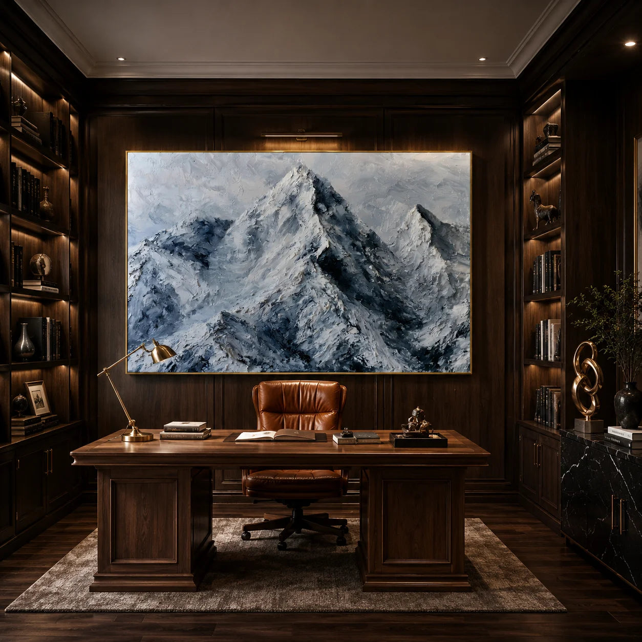 Snow Mountain Landscape Hand-Painted Oil Painting, Modern Textured Alpine Wall Art for Living Room # OA 1049
