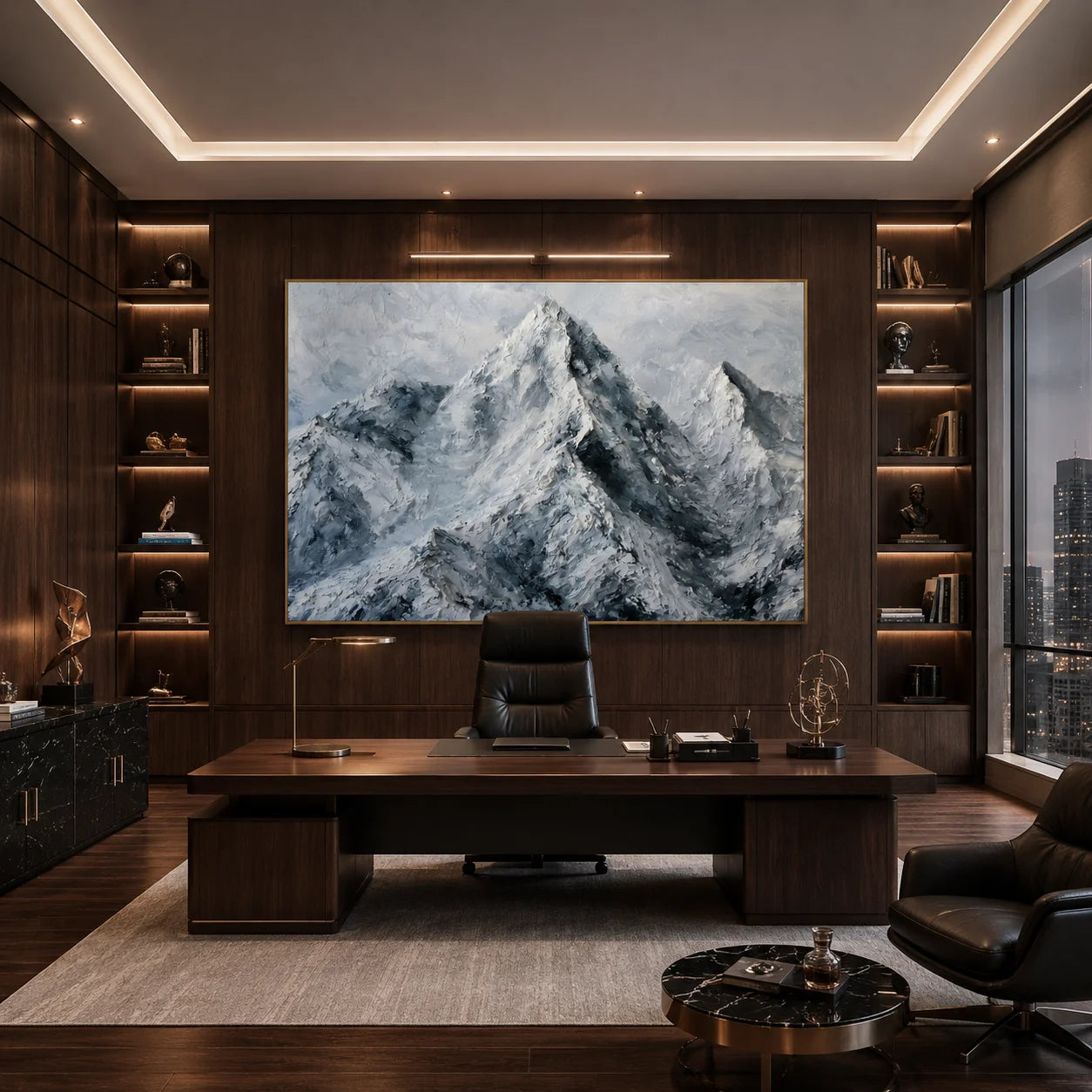 Snow Mountain Landscape Hand-Painted Oil Painting, Modern Textured Alpine Wall Art for Living Room # OA 1049