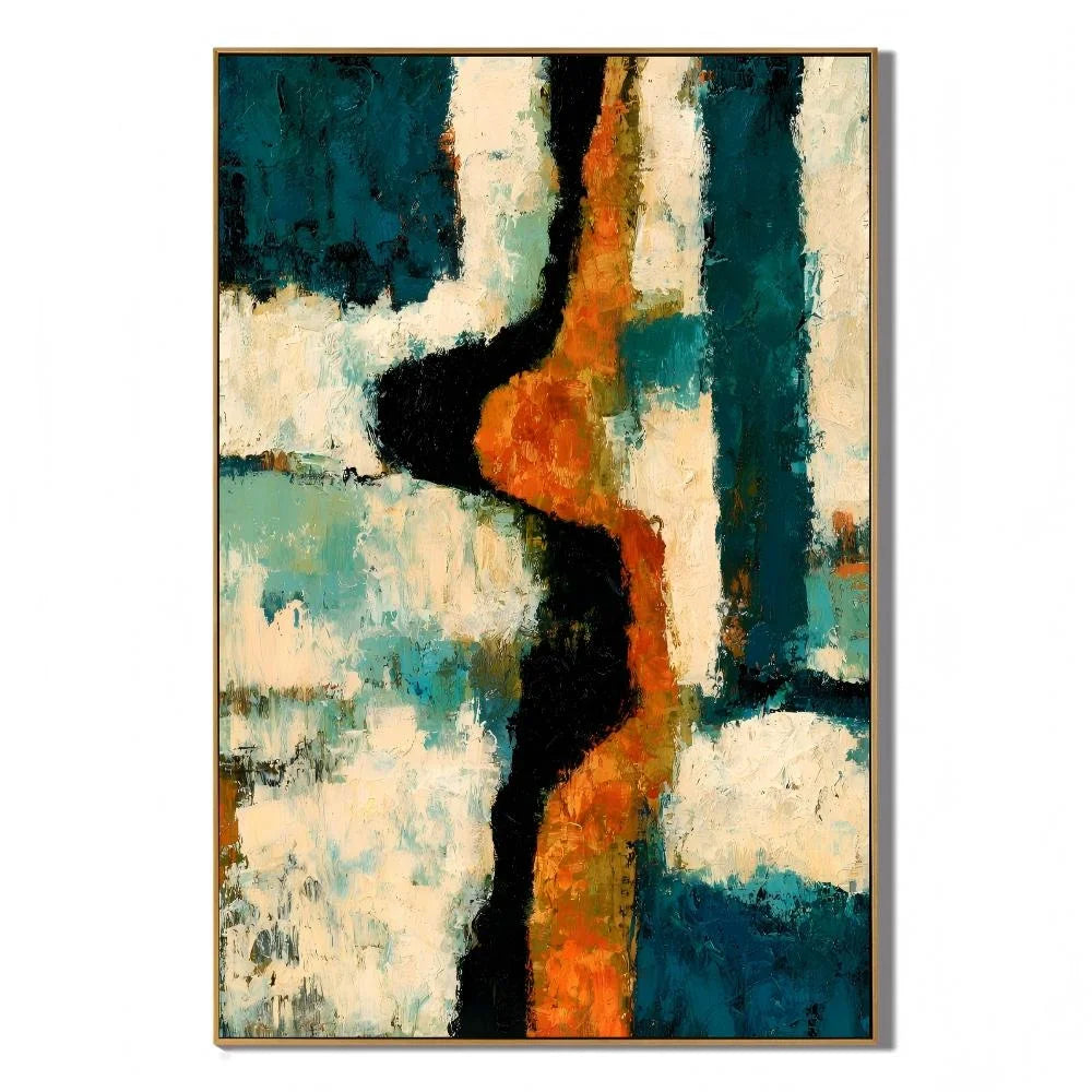 Teal and Orange Abstract Hand-Painted Oil Painting – Modern Textured Vertical Wall Art OA # 1099