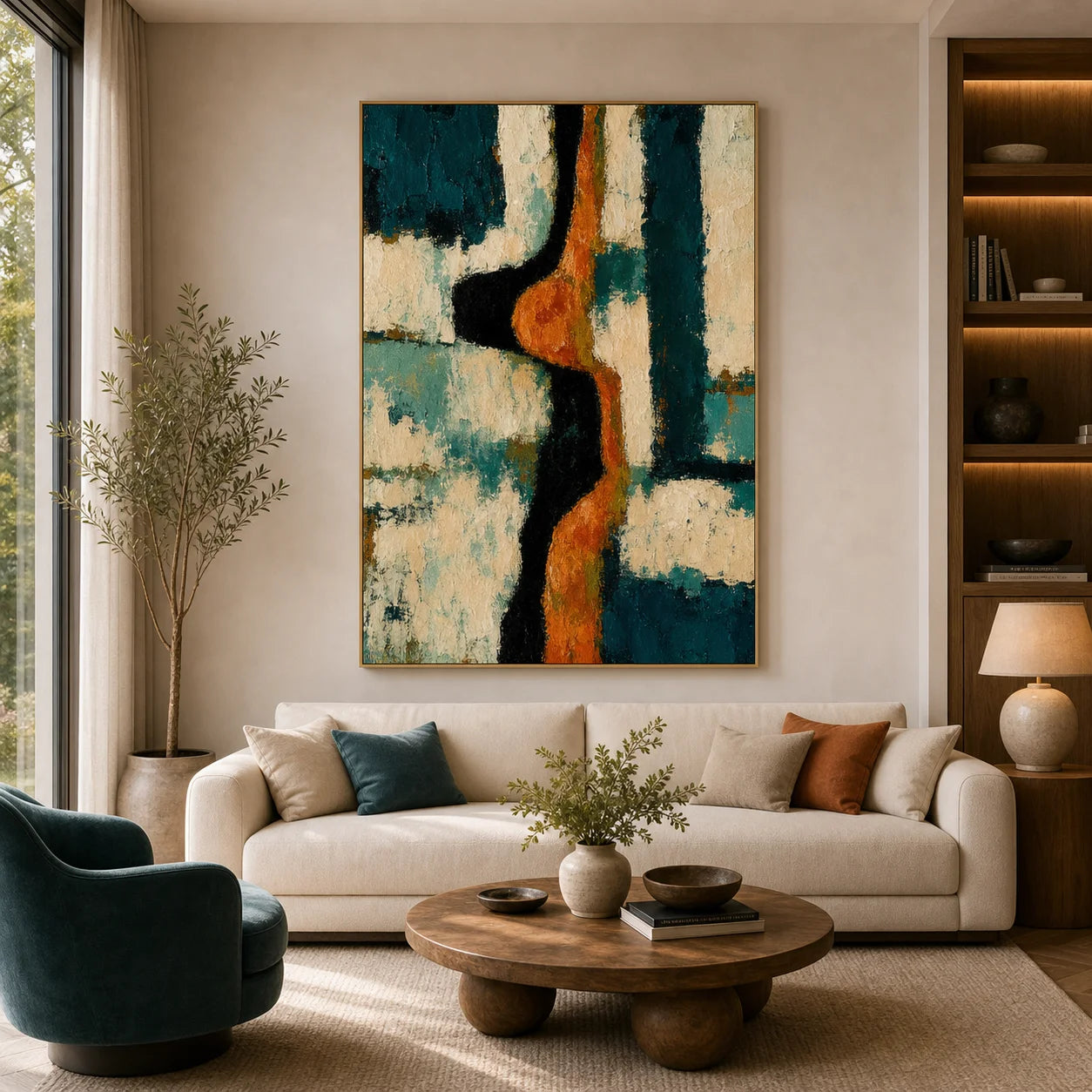 Teal and Orange Abstract Hand-Painted Oil Painting – Modern Textured Vertical Wall Art OA # 1099