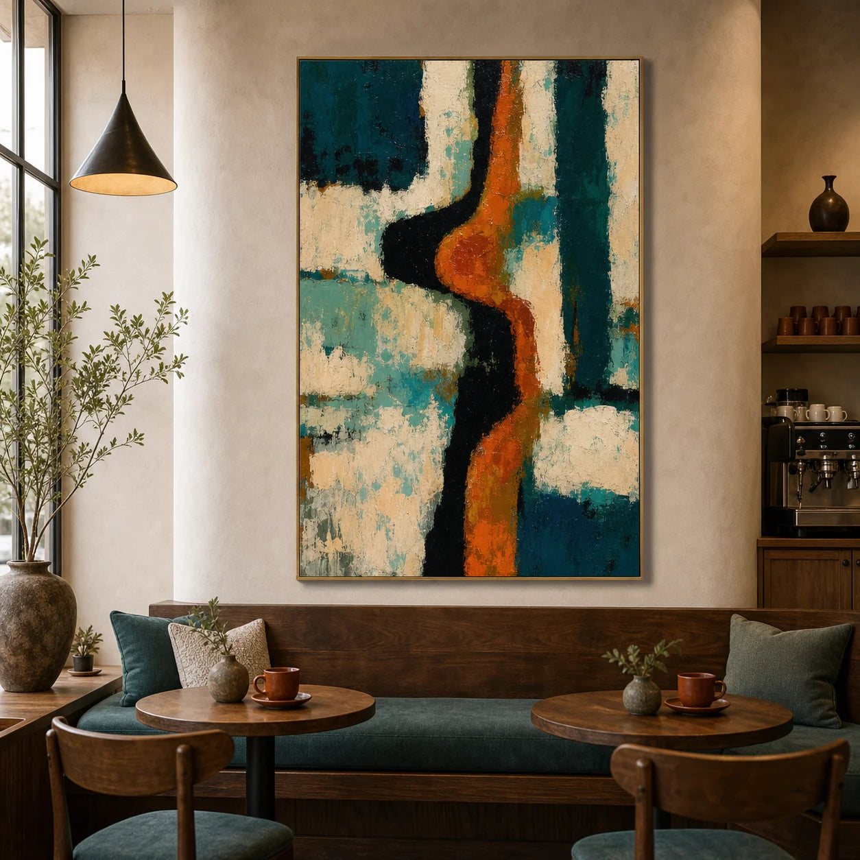 Teal and Orange Abstract Hand-Painted Oil Painting – Modern Textured Vertical Wall Art OA # 1099