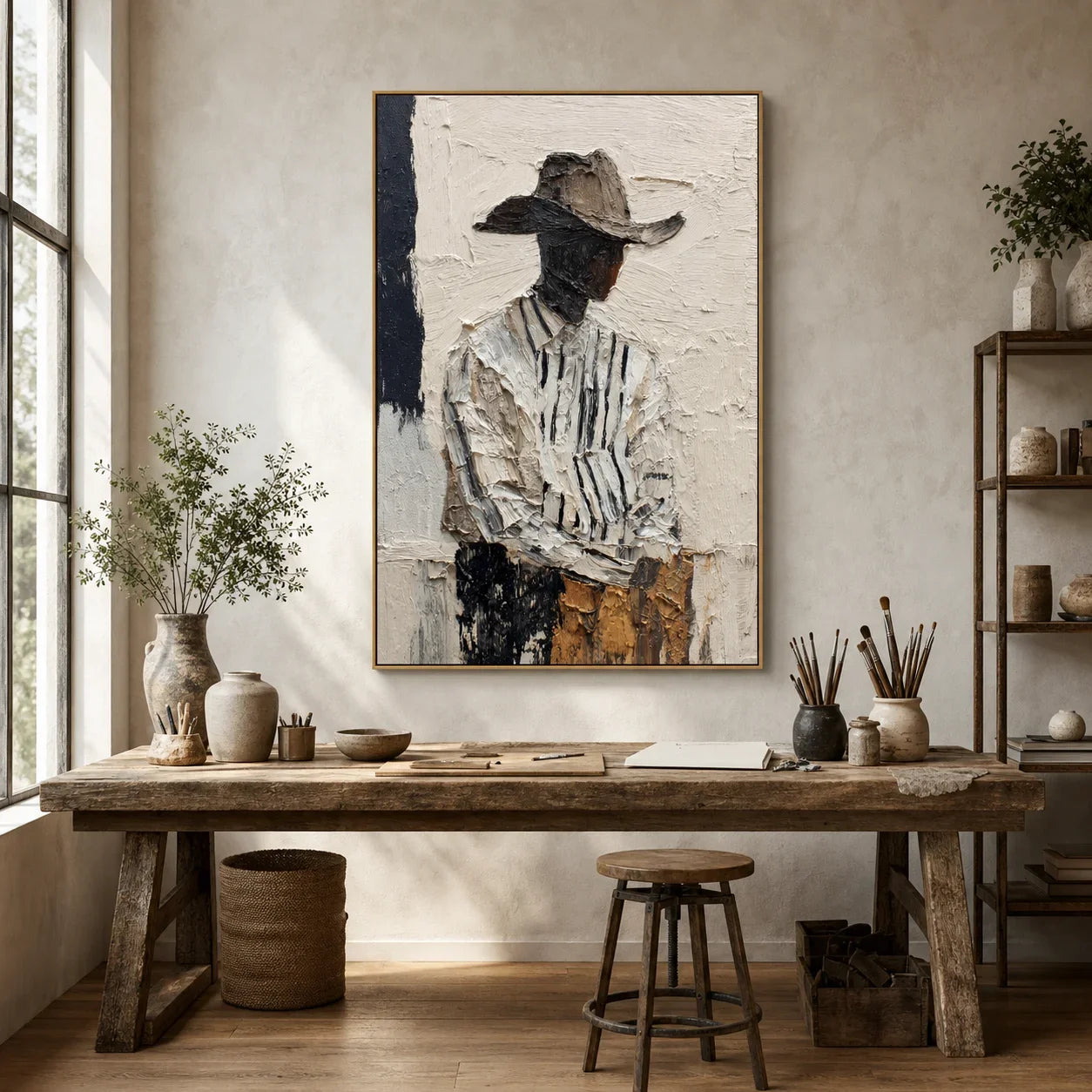 Modern Abstract Figure Hand-Painted Oil Painting | Textured Minimalist Woman with Hat Wall Art | Contemporary Portrait Canvas Artwork for Living Room, Bedroom & Office # OA 1089