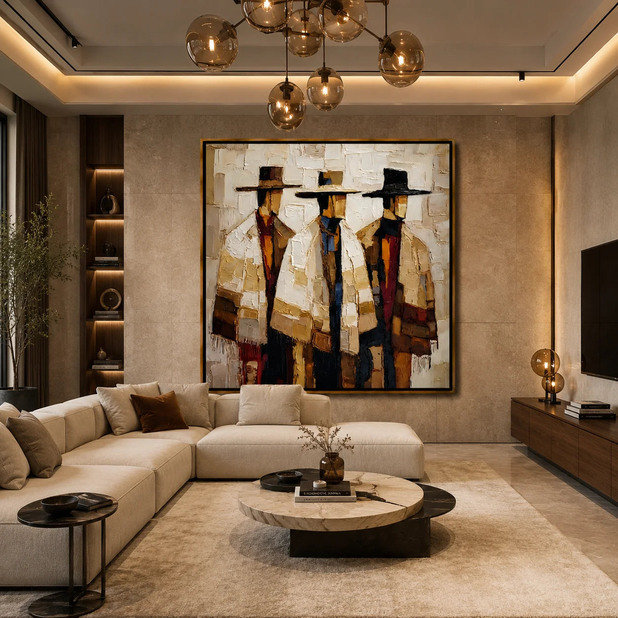 Three Abstract Figures Hand-Painted Oil Painting | Modern Western Figurative Wall Art with Neutral Textured Finish #OA 1010