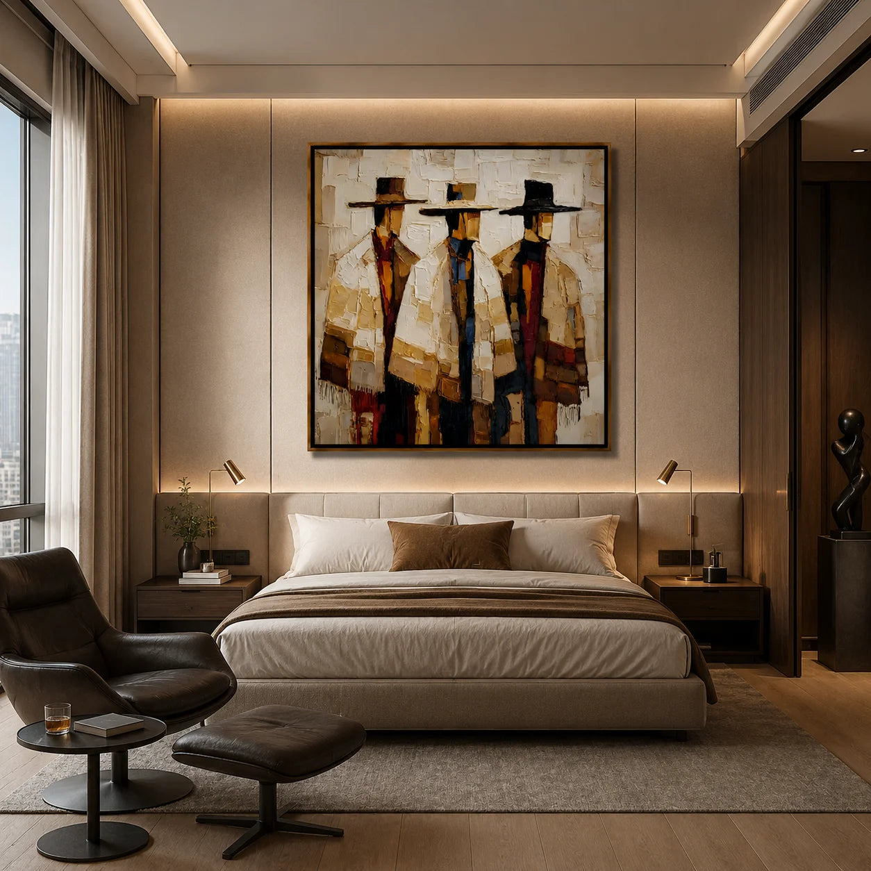 Three Abstract Figures Hand-Painted Oil Painting | Modern Western Figurative Wall Art with Neutral Textured Finish #OA 1010