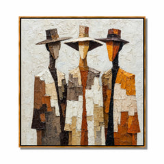 Three Western Cowboy Figures Hand-Painted Oil Painting | Modern Abstract Textured Wall Art in Vintage Earth Tones#OA1022