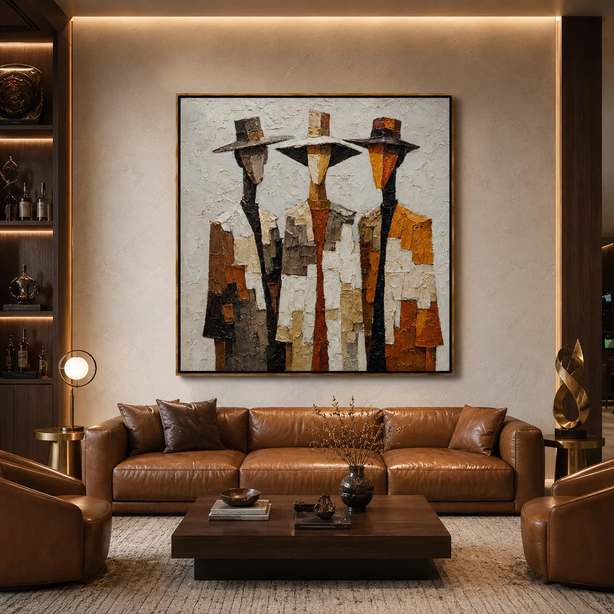 Three Western Cowboy Figures Hand-Painted Oil Painting | Modern Abstract Textured Wall Art in Vintage Earth Tones#OA1022