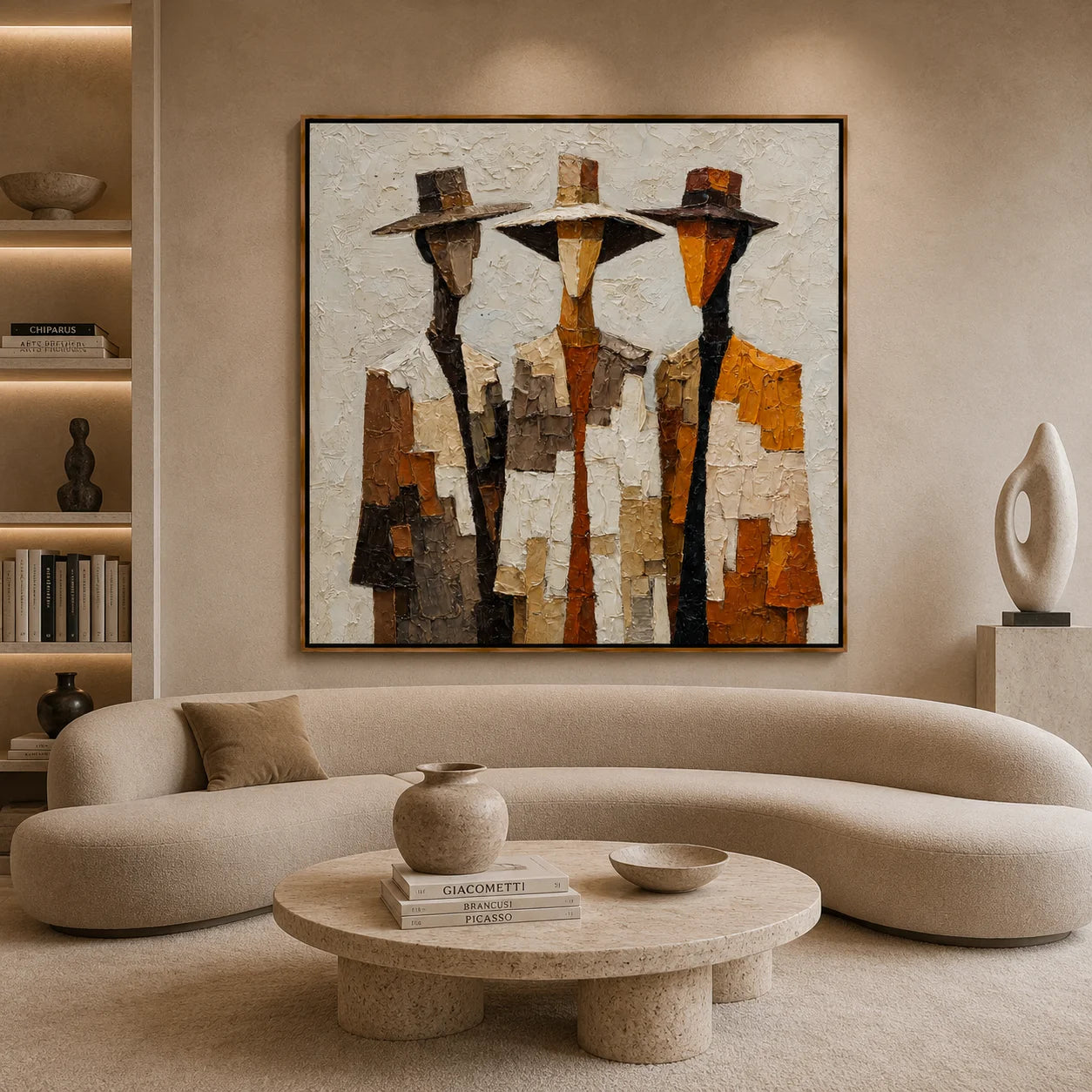 Three Western Cowboy Figures Hand-Painted Oil Painting | Modern Abstract Textured Wall Art in Vintage Earth Tones#OA1022