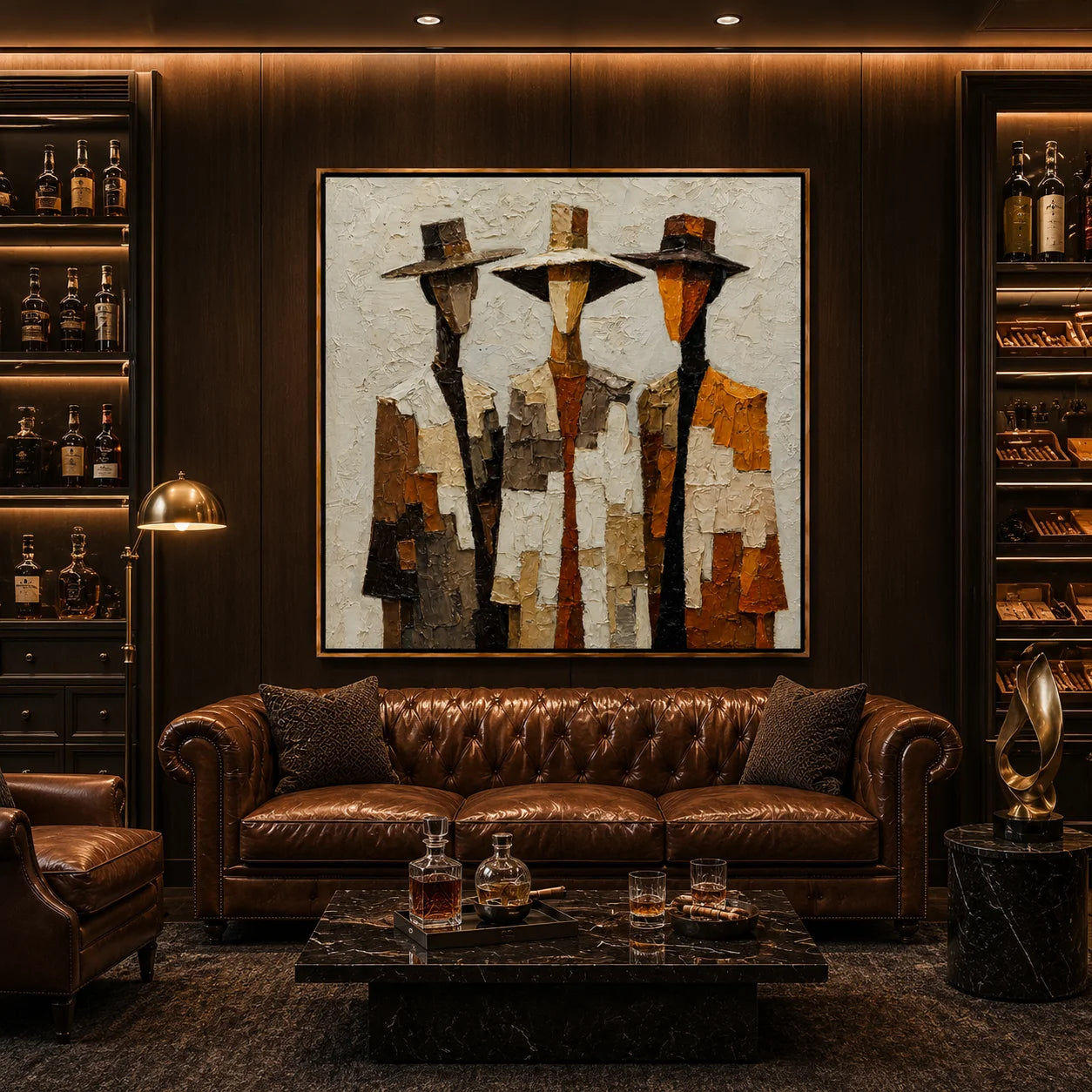 Three Western Cowboy Figures Hand-Painted Oil Painting | Modern Abstract Textured Wall Art in Vintage Earth Tones#OA1022