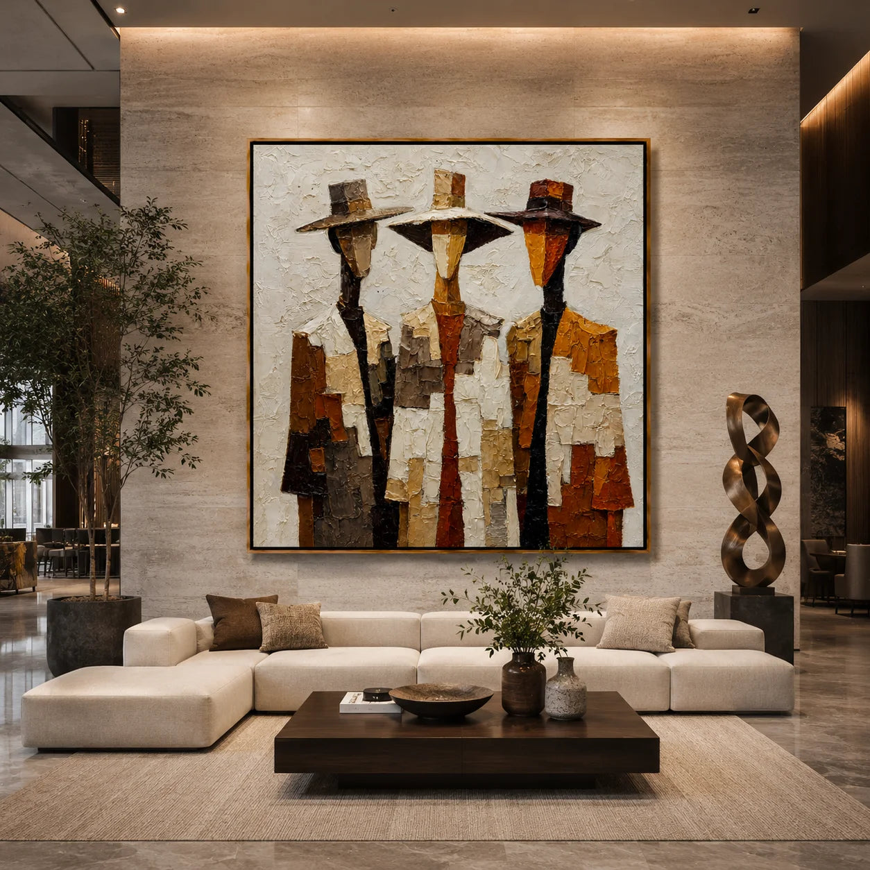 Three Western Cowboy Figures Hand-Painted Oil Painting | Modern Abstract Textured Wall Art in Vintage Earth Tones#OA1022