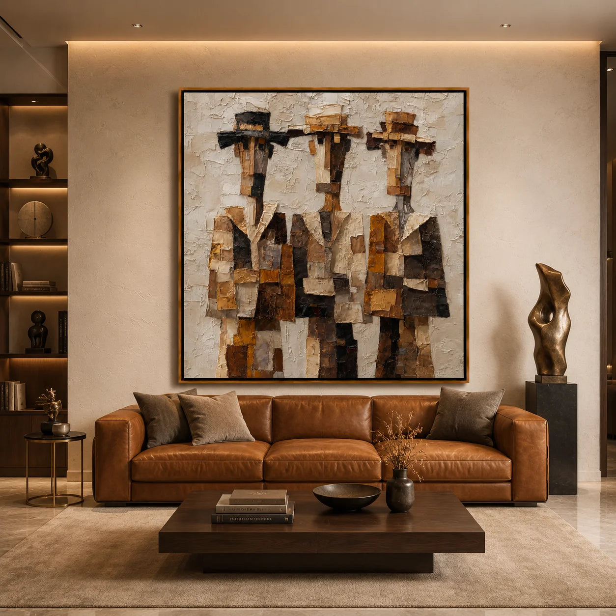 Three Western Cowboys Hand-Painted Oil Painting | Modern Abstract Figurative Wall Art with Textured Earth Tones#OA1023