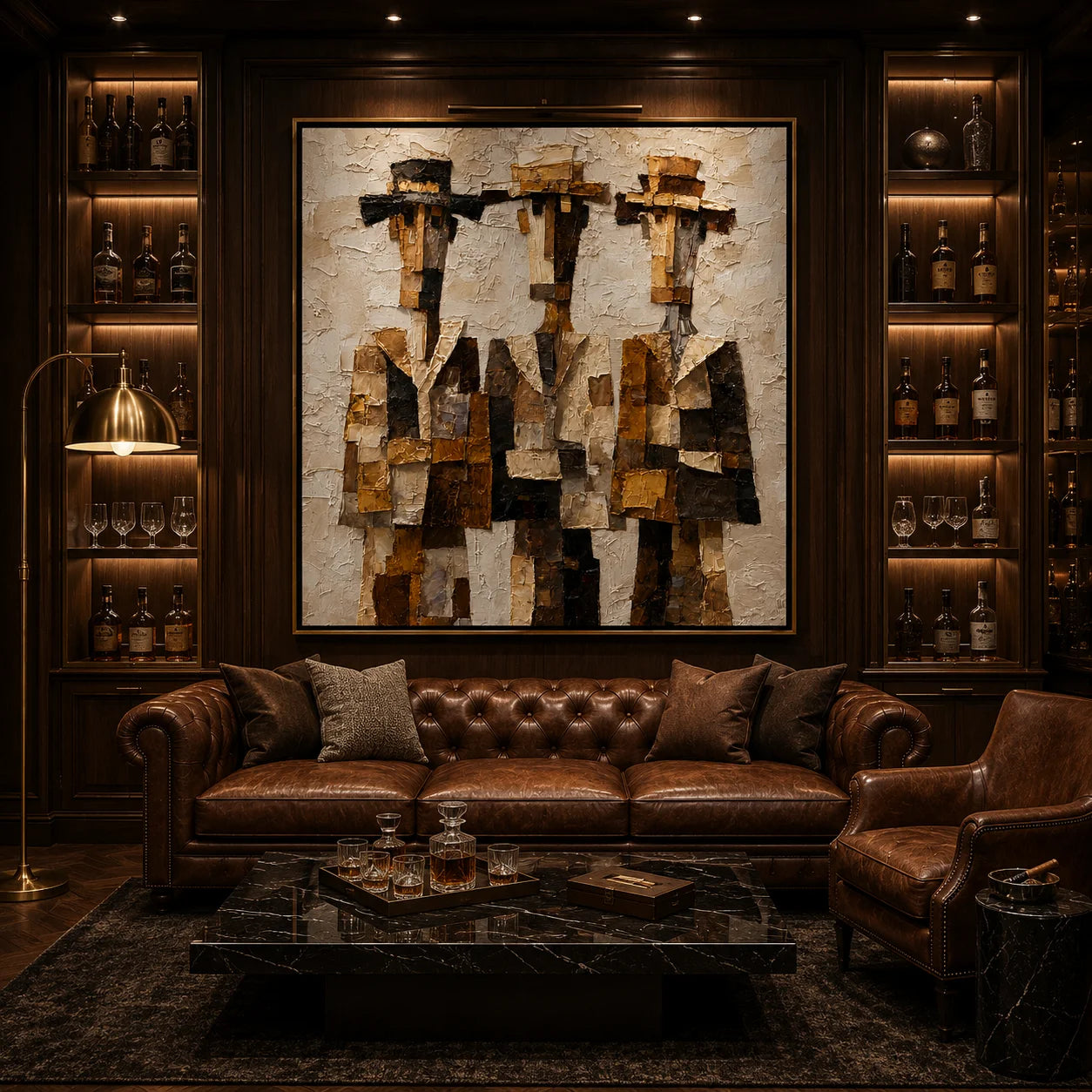 Three Western Cowboys Hand-Painted Oil Painting | Modern Abstract Figurative Wall Art with Textured Earth Tones#OA1023