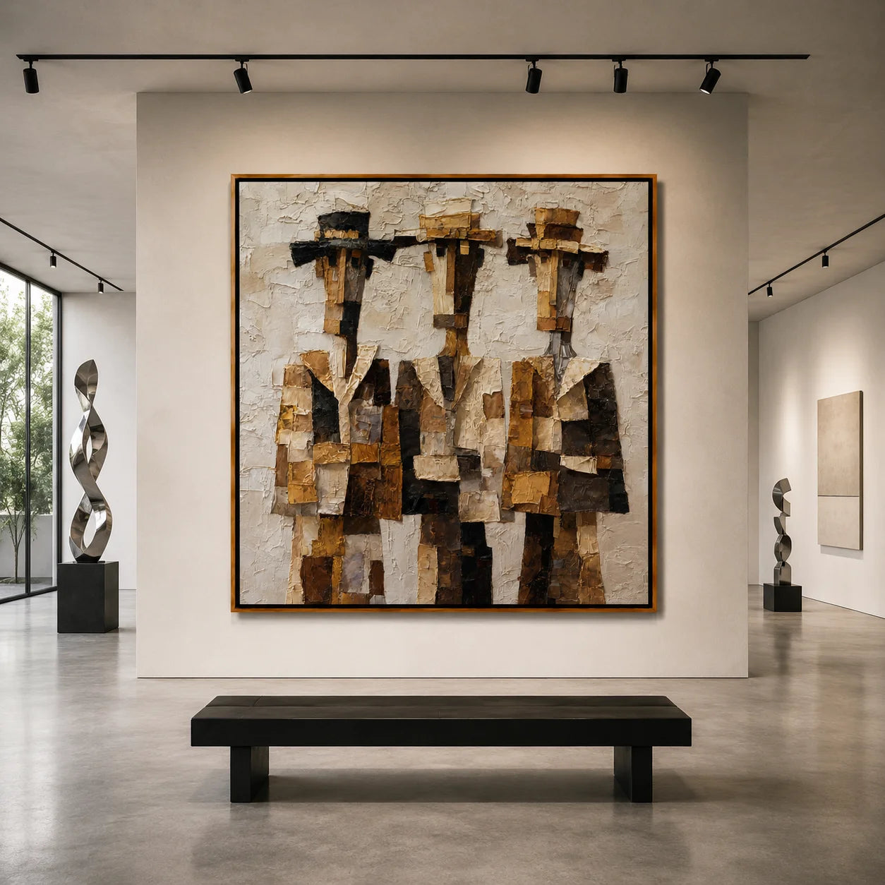 Three Western Cowboys Hand-Painted Oil Painting | Modern Abstract Figurative Wall Art with Textured Earth Tones#OA1023