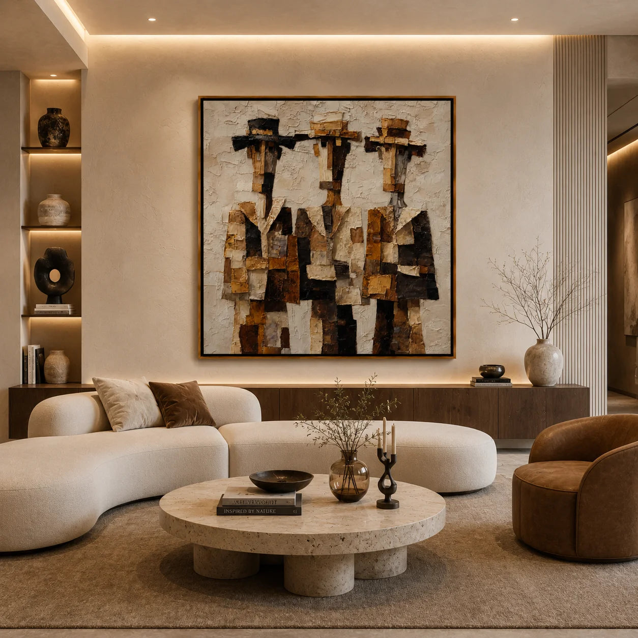 Three Western Cowboys Hand-Painted Oil Painting | Modern Abstract Figurative Wall Art with Textured Earth Tones#OA1023