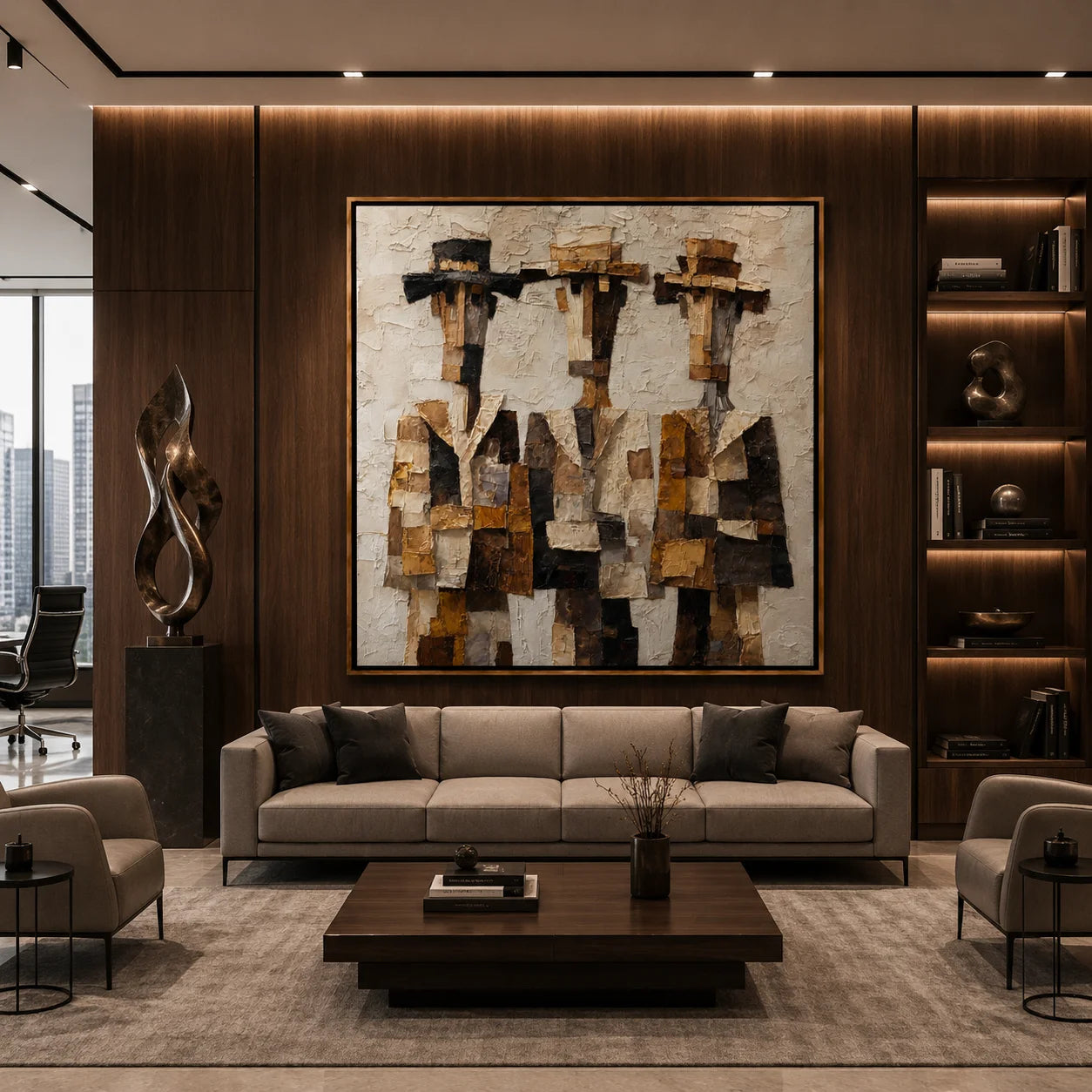 Three Western Cowboys Hand-Painted Oil Painting | Modern Abstract Figurative Wall Art with Textured Earth Tones#OA1023