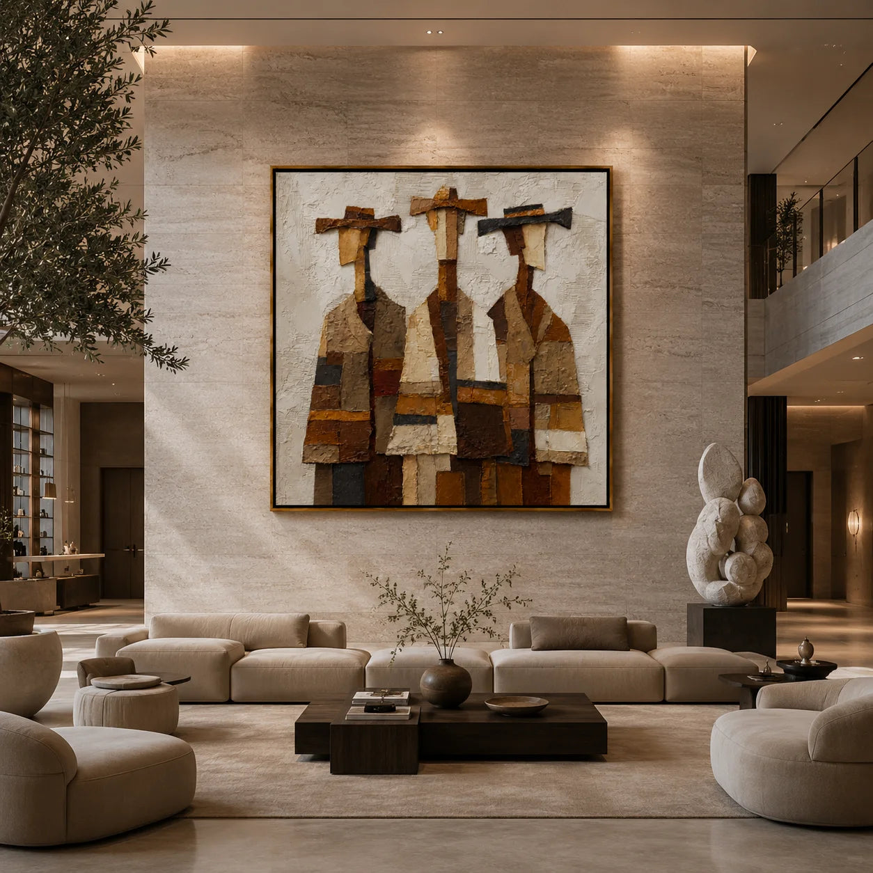 Three Western Figures Hand-Painted Oil Painting | Modern Abstract Cowboy Wall Art with Textured Vintage Style#OA1021