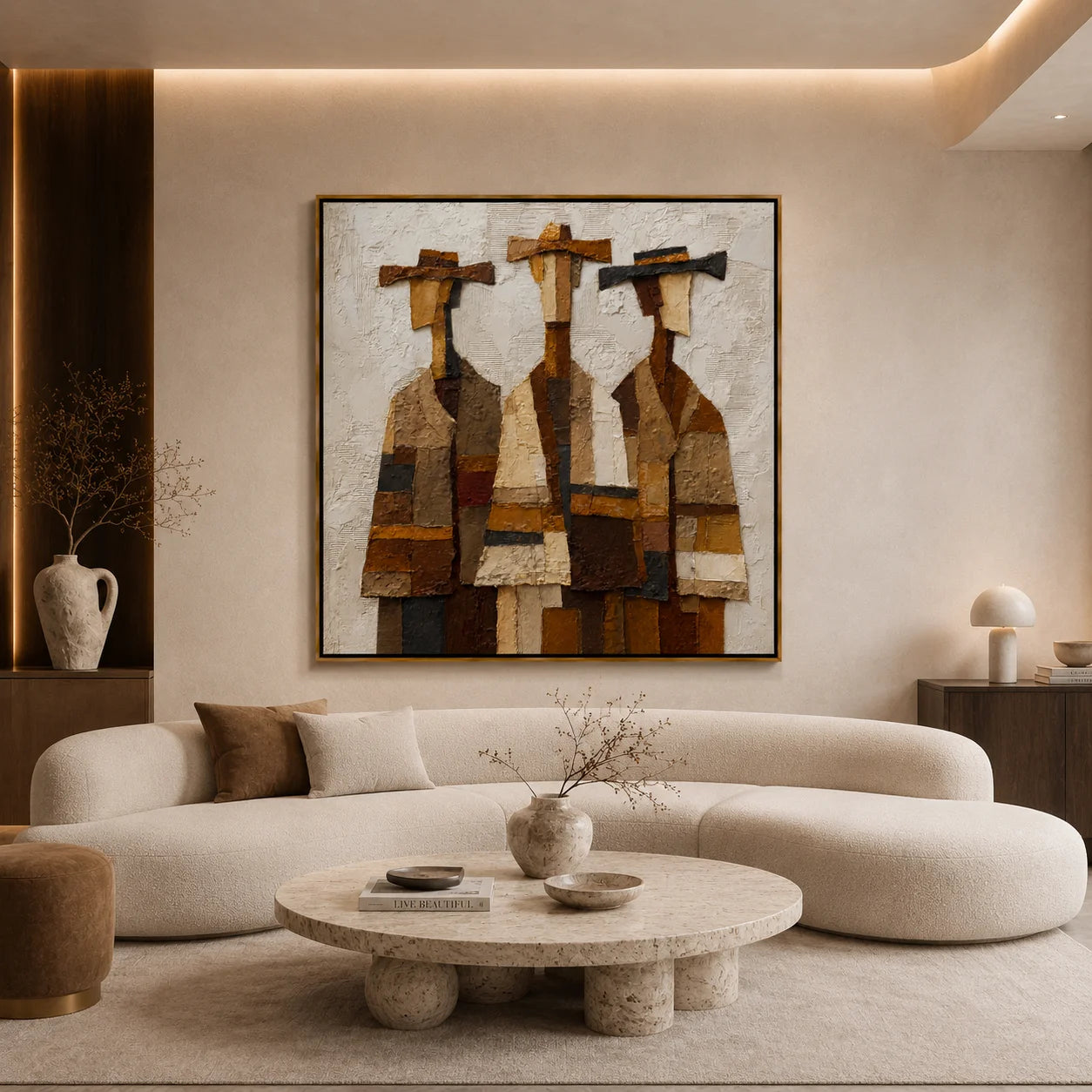 Three Western Figures Hand-Painted Oil Painting | Modern Abstract Cowboy Wall Art with Textured Vintage Style#OA1021