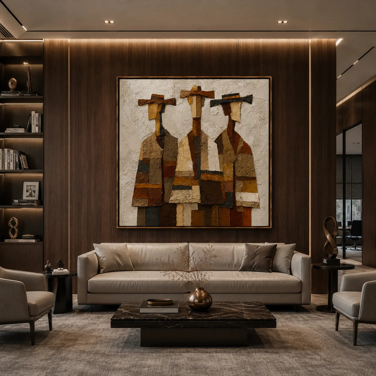 Three Western Figures Hand-Painted Oil Painting | Modern Abstract Cowboy Wall Art with Textured Vintage Style#OA1021
