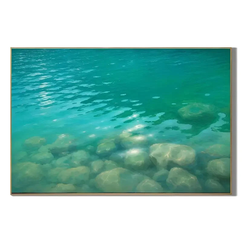 Ownanart Turquoise Clear Water Hand-Painted Oil Painting, Underwater Rocks & Tranquil Aqua Landscape Wall Art for Living Room and Coastal Home Decor # OA 1332