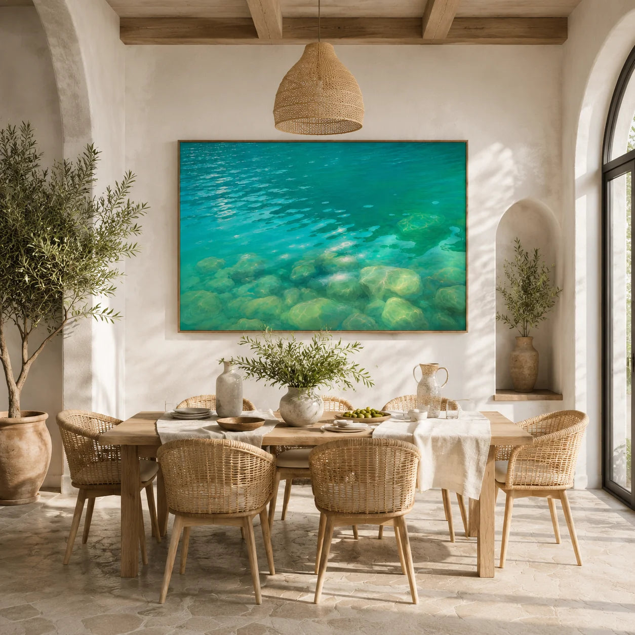 Ownanart Turquoise Clear Water Hand-Painted Oil Painting, Underwater Rocks & Tranquil Aqua Landscape Wall Art for Living Room and Coastal Home Decor # OA 1332