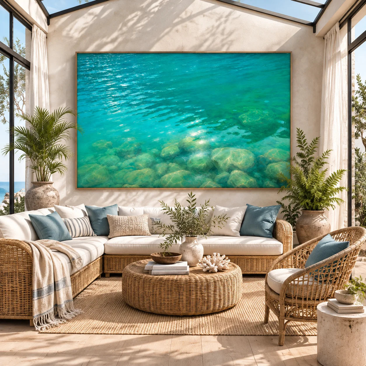 Ownanart Turquoise Clear Water Hand-Painted Oil Painting, Underwater Rocks & Tranquil Aqua Landscape Wall Art for Living Room and Coastal Home Decor # OA 1332