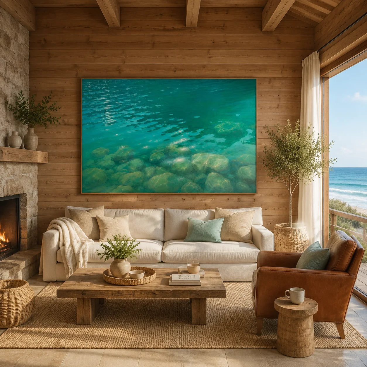Ownanart Turquoise Clear Water Hand-Painted Oil Painting, Underwater Rocks & Tranquil Aqua Landscape Wall Art for Living Room and Coastal Home Decor # OA 1332