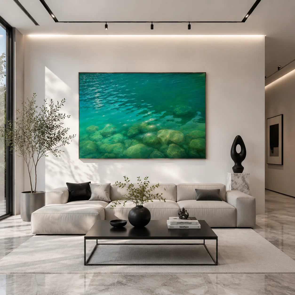 Ownanart Turquoise Clear Water Hand-Painted Oil Painting, Underwater Rocks & Tranquil Aqua Landscape Wall Art for Living Room and Coastal Home Decor # OA 1332