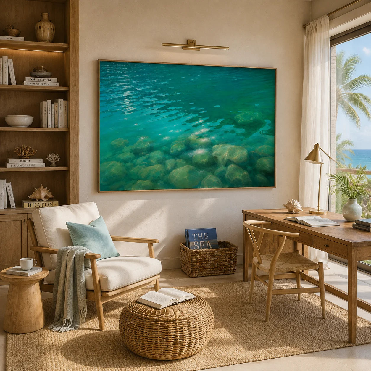 Ownanart Turquoise Clear Water Hand-Painted Oil Painting, Underwater Rocks & Tranquil Aqua Landscape Wall Art for Living Room and Coastal Home Decor # OA 1332