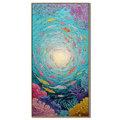 Underwater Fish Hand-Painted Oil Painting | Teal Abstract Ocean Wall Art | Textured Coral Fish Vertical Wall Decor # OA 1033