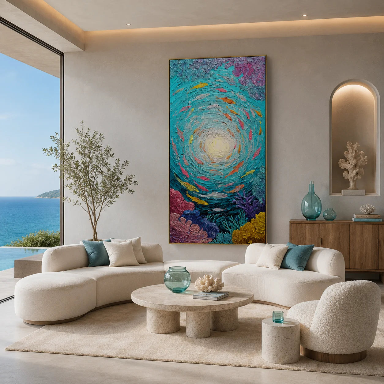 Underwater Fish Hand-Painted Oil Painting | Teal Abstract Ocean Wall Art | Textured Coral Fish Vertical Wall Decor # OA 1033