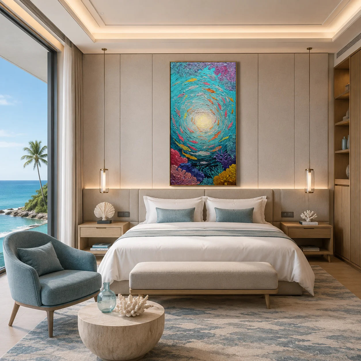 Underwater Fish Hand-Painted Oil Painting | Teal Abstract Ocean Wall Art | Textured Coral Fish Vertical Wall Decor # OA 1033
