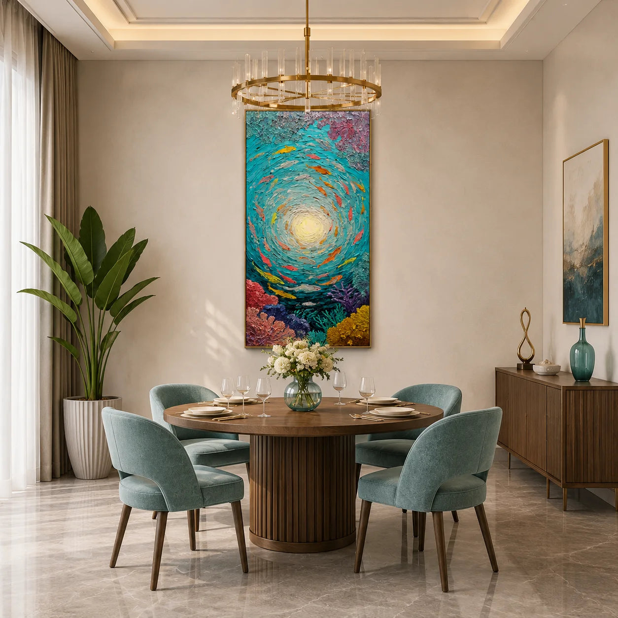 Underwater Fish Hand-Painted Oil Painting | Teal Abstract Ocean Wall Art | Textured Coral Fish Vertical Wall Decor # OA 1033