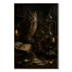 Ownanart Vintage Dark Gothic Owl Alchemy Laboratory Hand-Painted Oil Painting – Candlelit Antique Books and Glass Potion Bottles Vertical Wall Art # OA 1296