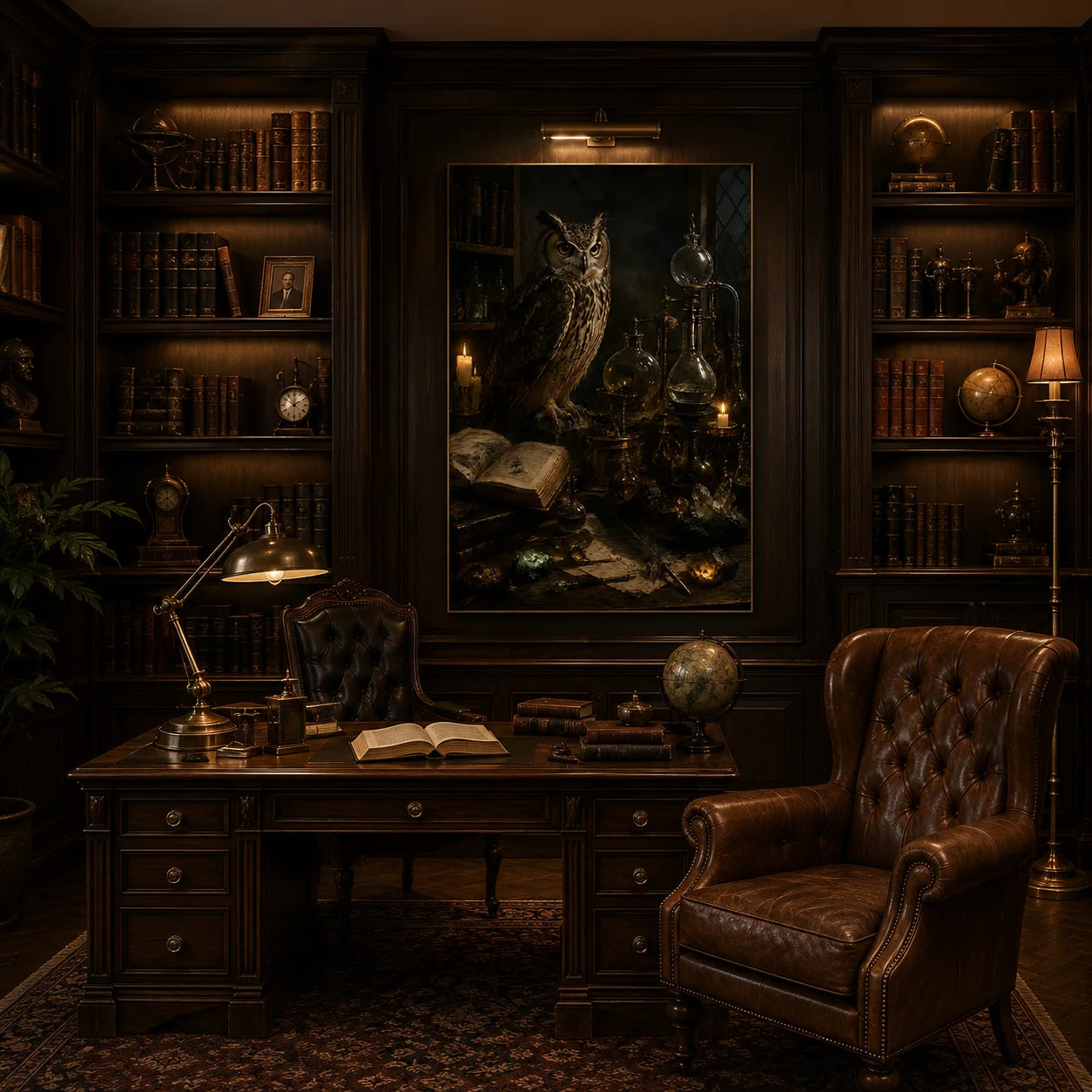 Ownanart Vintage Dark Gothic Owl Alchemy Laboratory Hand-Painted Oil Painting – Candlelit Antique Books and Glass Potion Bottles Vertical Wall Art # OA 1296