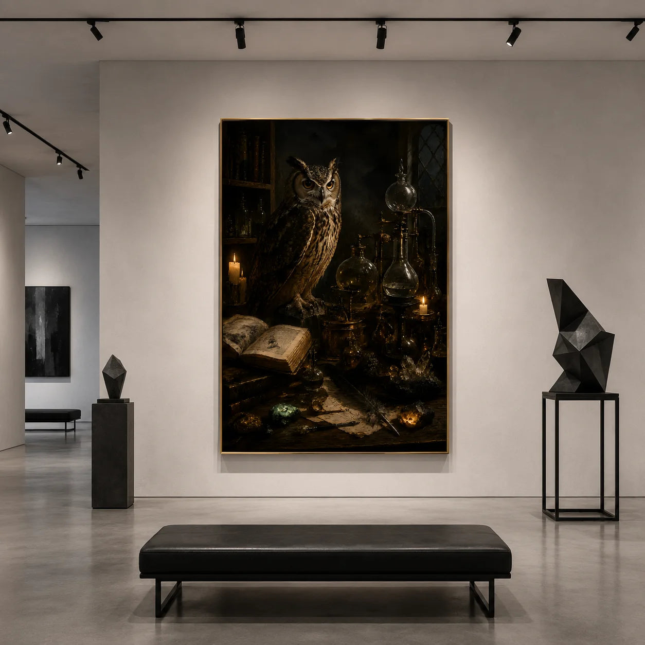 Ownanart Vintage Dark Gothic Owl Alchemy Laboratory Hand-Painted Oil Painting – Candlelit Antique Books and Glass Potion Bottles Vertical Wall Art # OA 1296