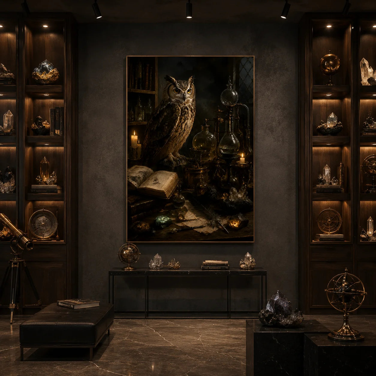 Ownanart Vintage Dark Gothic Owl Alchemy Laboratory Hand-Painted Oil Painting – Candlelit Antique Books and Glass Potion Bottles Vertical Wall Art # OA 1296