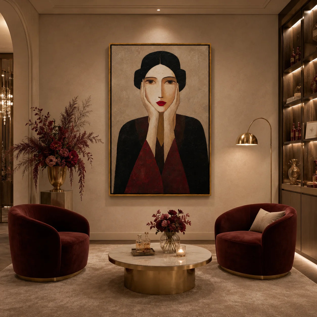 Vintage Red Lips Woman Portrait Hand-Painted Oil Painting | Modern Abstract Figurative Wall Art with Textured Elegant Style#OA 1020
