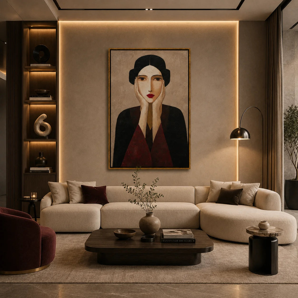 Vintage Red Lips Woman Portrait Hand-Painted Oil Painting | Modern Abstract Figurative Wall Art with Textured Elegant Style#OA 1020