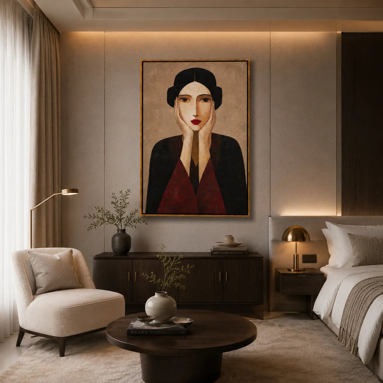 Vintage Red Lips Woman Portrait Hand-Painted Oil Painting | Modern Abstract Figurative Wall Art with Textured Elegant Style#OA 1020