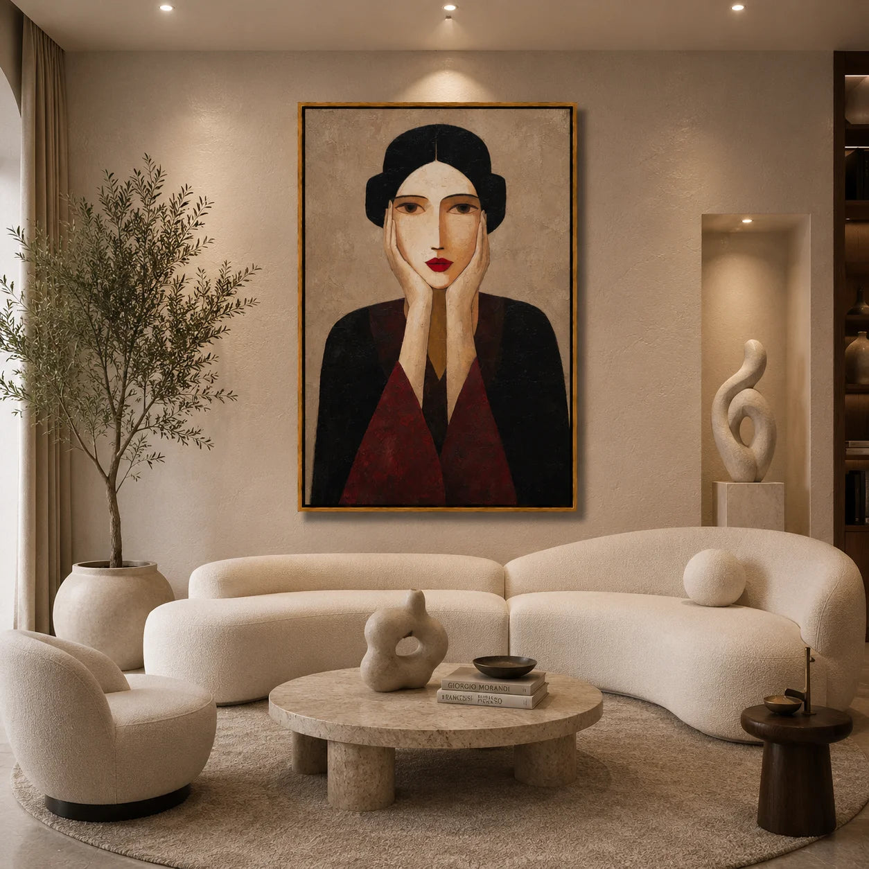 Vintage Red Lips Woman Portrait Hand-Painted Oil Painting | Modern Abstract Figurative Wall Art with Textured Elegant Style#OA 1020