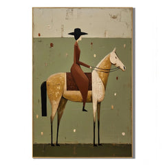 Vintage Sage Green Female Horse Rider Textured Oil Painting – Mid-Century Modern Equestrian Wall Art | Ownanart # OA 1202